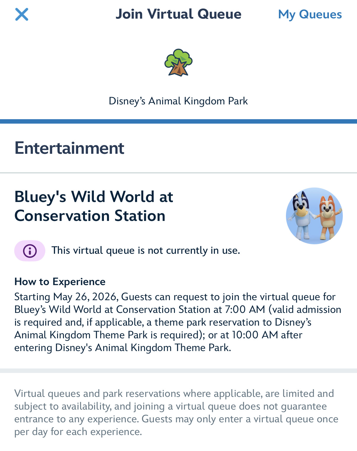 Guests must obtain a virtual queue in order to board the train to Bluey's Wild World at Conservation Station. Disney confirms how many times guests will be able to see the Bluey show with their group.