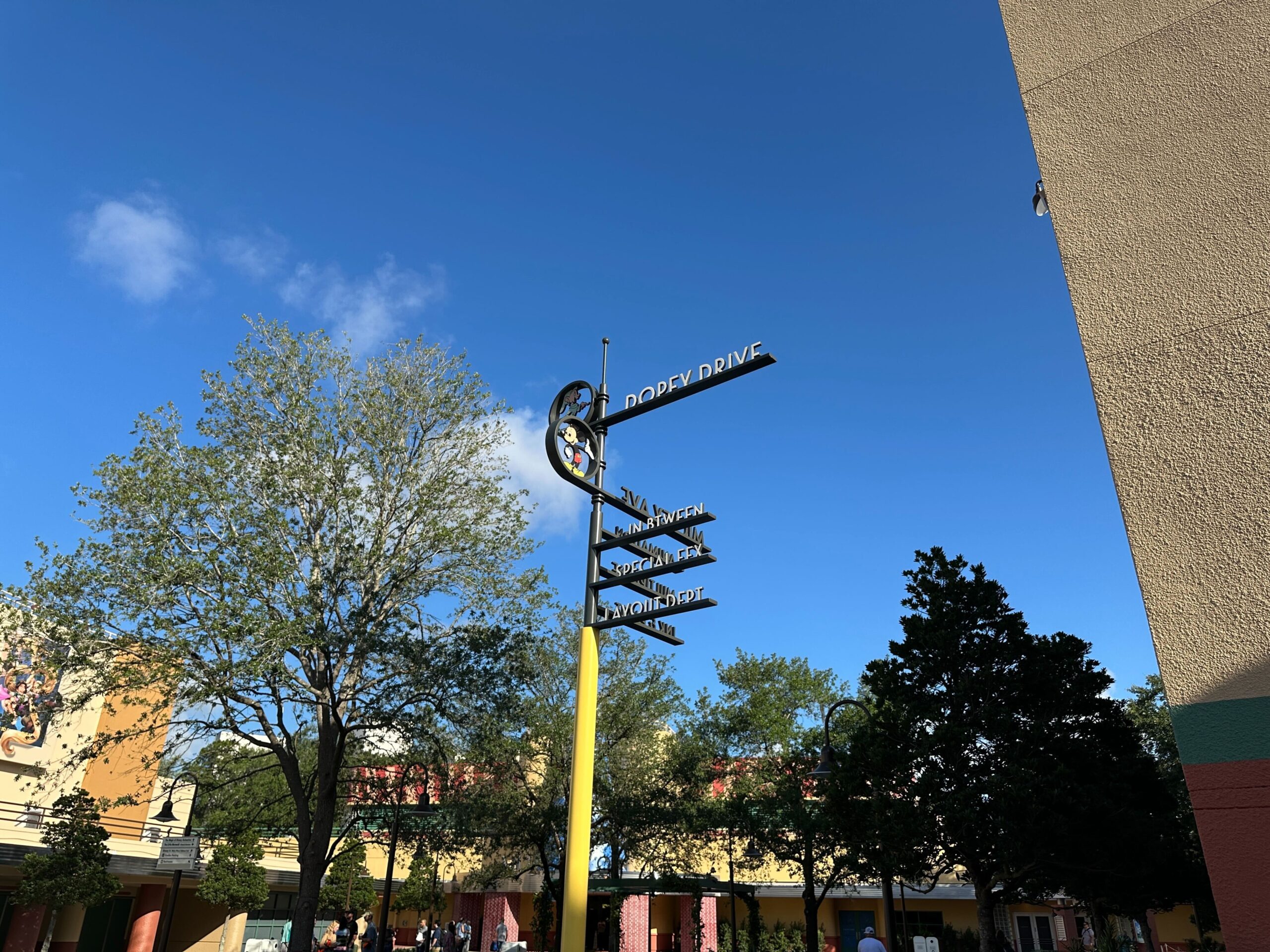 The street sign located near Stage 1 has Dopey Drive, Mickey Avenue, Animation, Multiplane, Ink & Paint, In Between, Special Fex, and Layout Dept.