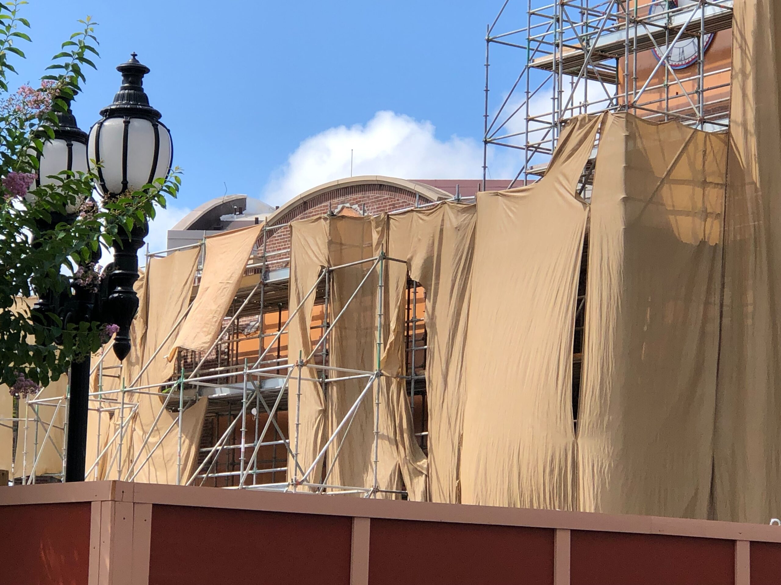Meanwhile, drywall has been installed across the theater facade. The drywall covers areas where brickwork was removed. Since our last update, a brown sealant was added over the drywall.