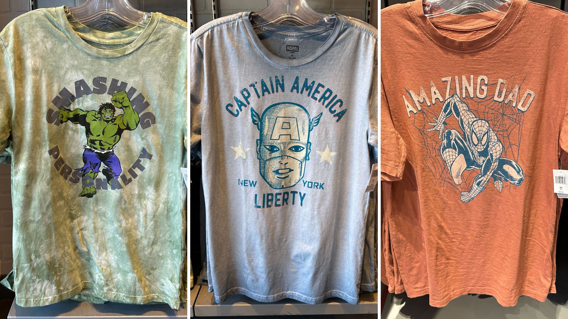 Marvel Hulk, Captain America, and 'Amazing Dad' Spider-Man Tees at Disney World