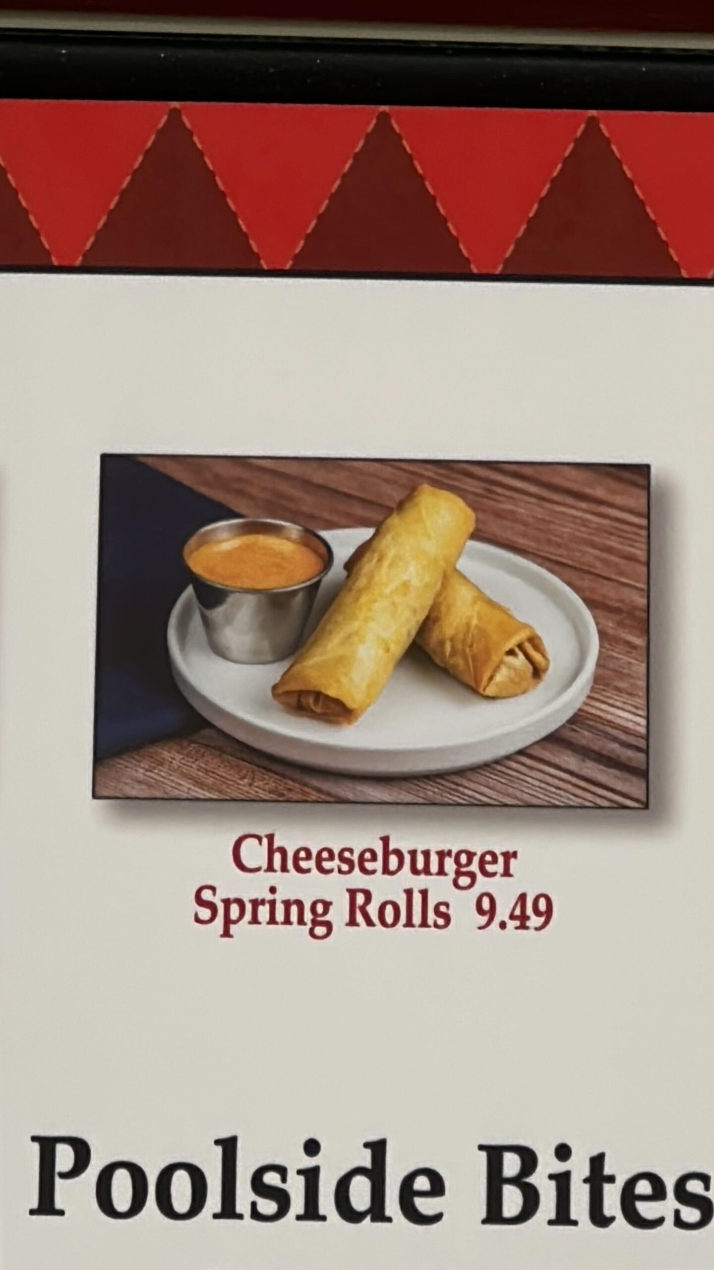 Cheeseburger Spring Rolls, previously only found at Magic Kingdom, are now available at a Disney World Resort for the first time ever. We found them at Backstretch Pool Bar at Disney's Saratoga Springs Resort.