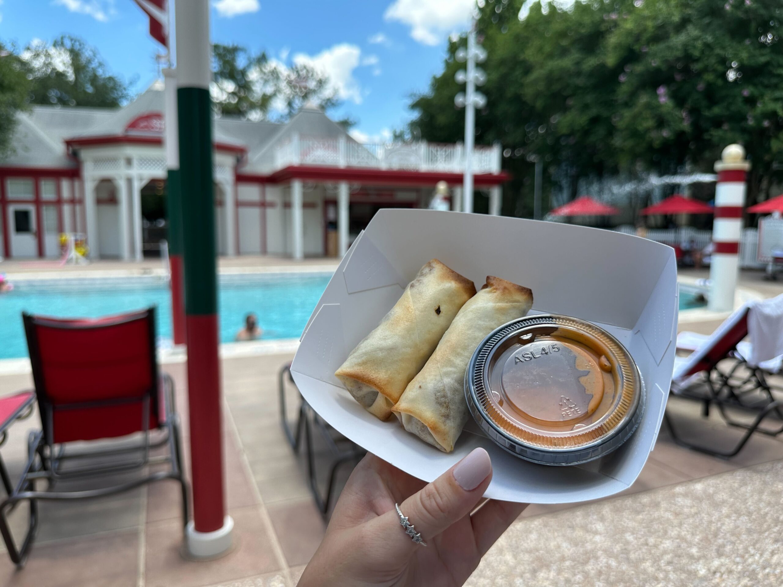 Cheeseburger Spring Rolls, previously only found at Magic Kingdom, are now available at a Disney World Resort for the first time ever. We found them at Backstretch Pool Bar at Disney's Saratoga Springs Resort.