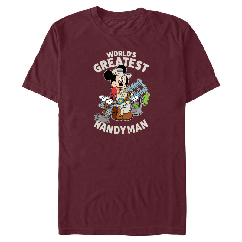 Mickey appears again on this maroon shirt. He is holding several handyman tools, like a ladder and paint. Around him are the words "World's greatest handyman" in white.