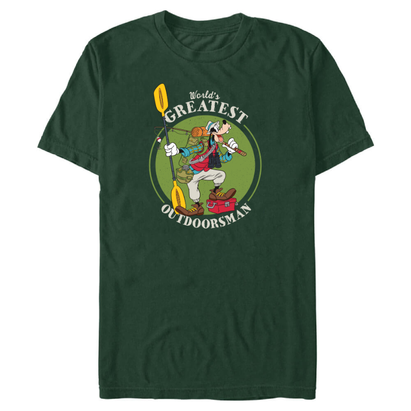 Like the design above, Goofy is in the middle of a circle with words on the top and bottom. This shirt is forest green and shows him with a bunch of pieces of outdoor equipment, like a tackle box and an oar. The words "World's greatest outdoorsman" are above and below him.