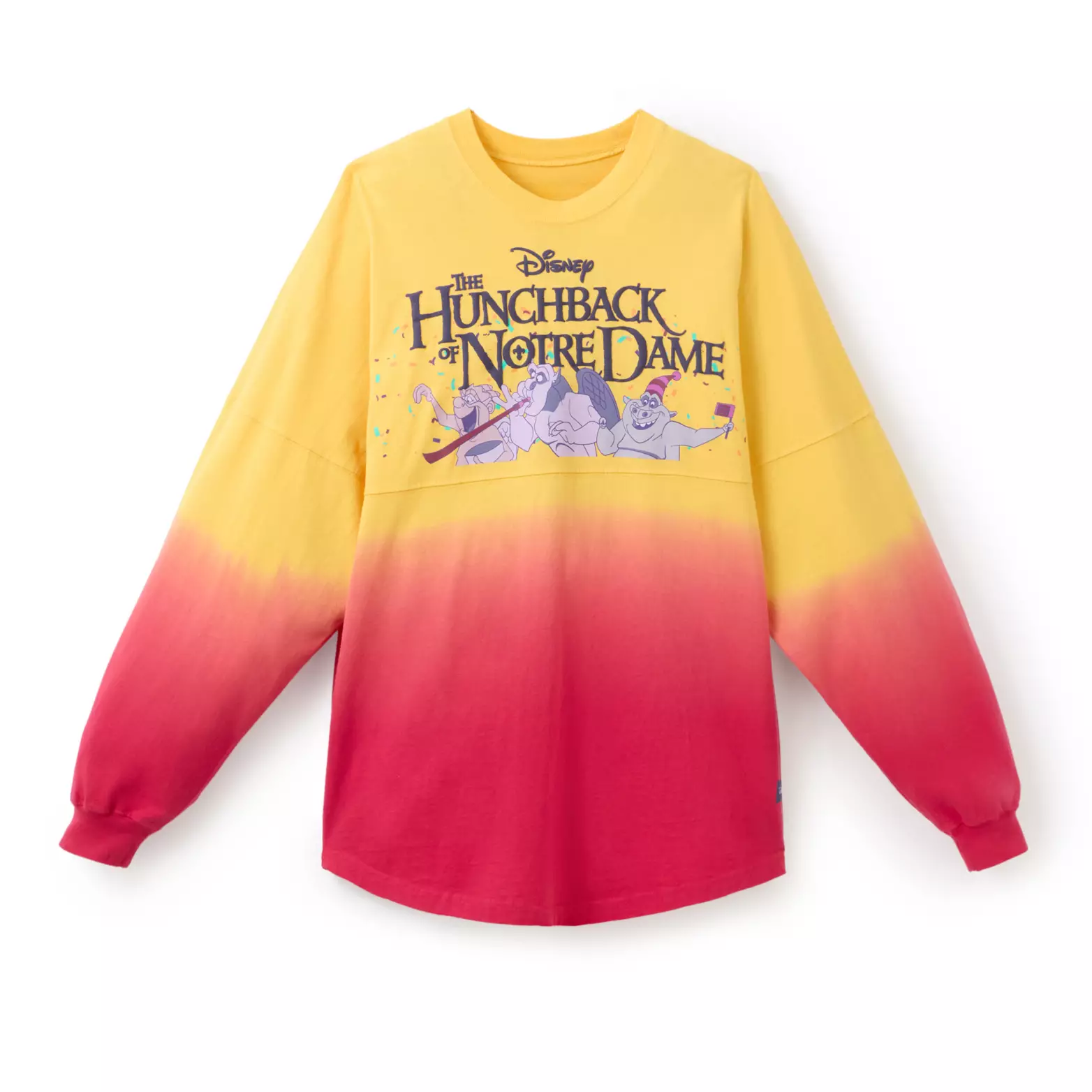 This ombré red to yellow Spirit Jersey has the Hunchback title imagery on the front center chest. Below it are the three gargoyles (Victor, Hugo, and Laverne) celebrating with confetti, party hats, and noisemakers.