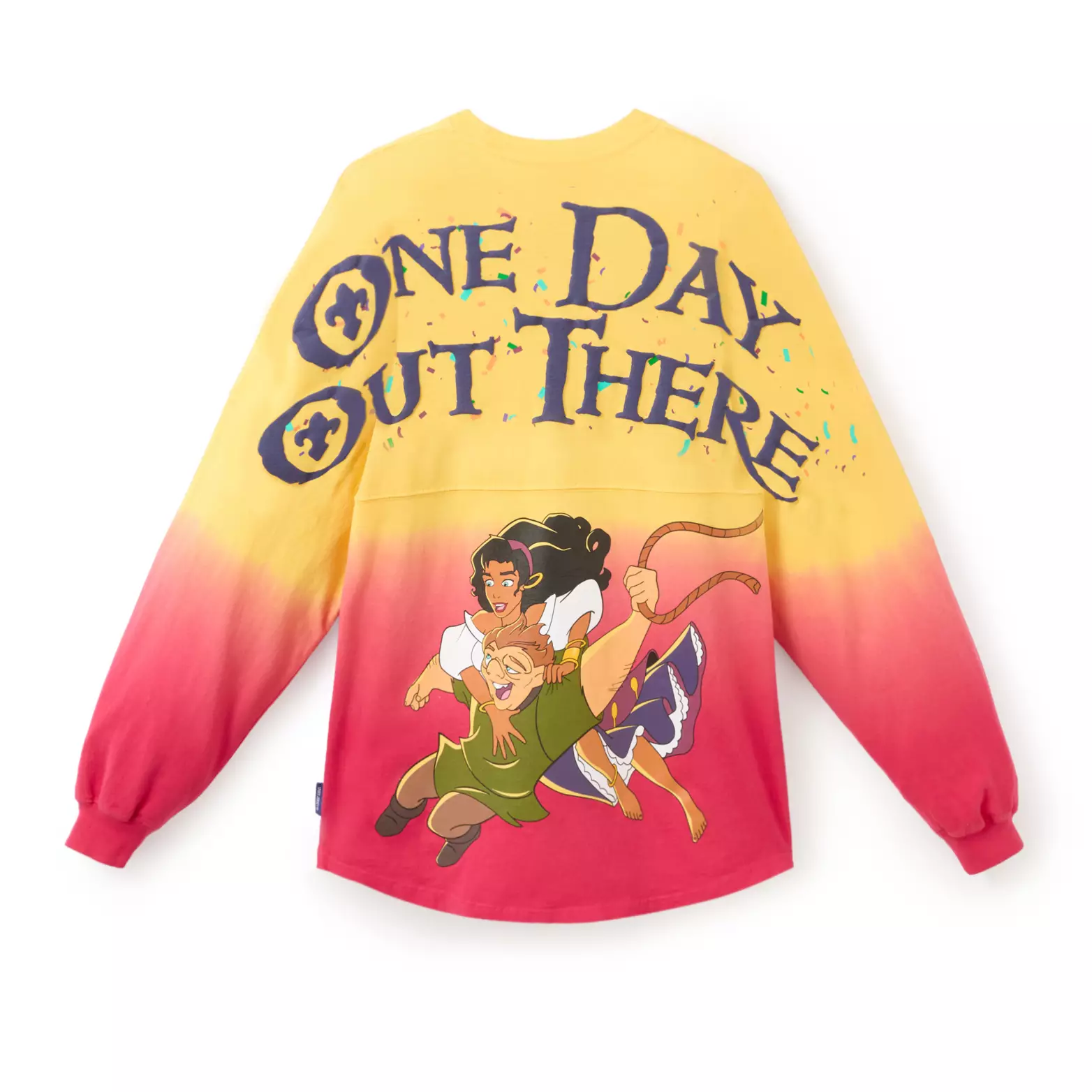 On the back, in a similar font to the logo on the front, are the words "One Day Out There," referencing the song "Out There." Beneath that is Quasimodo swinging from a rope with Esmerelda on his back.