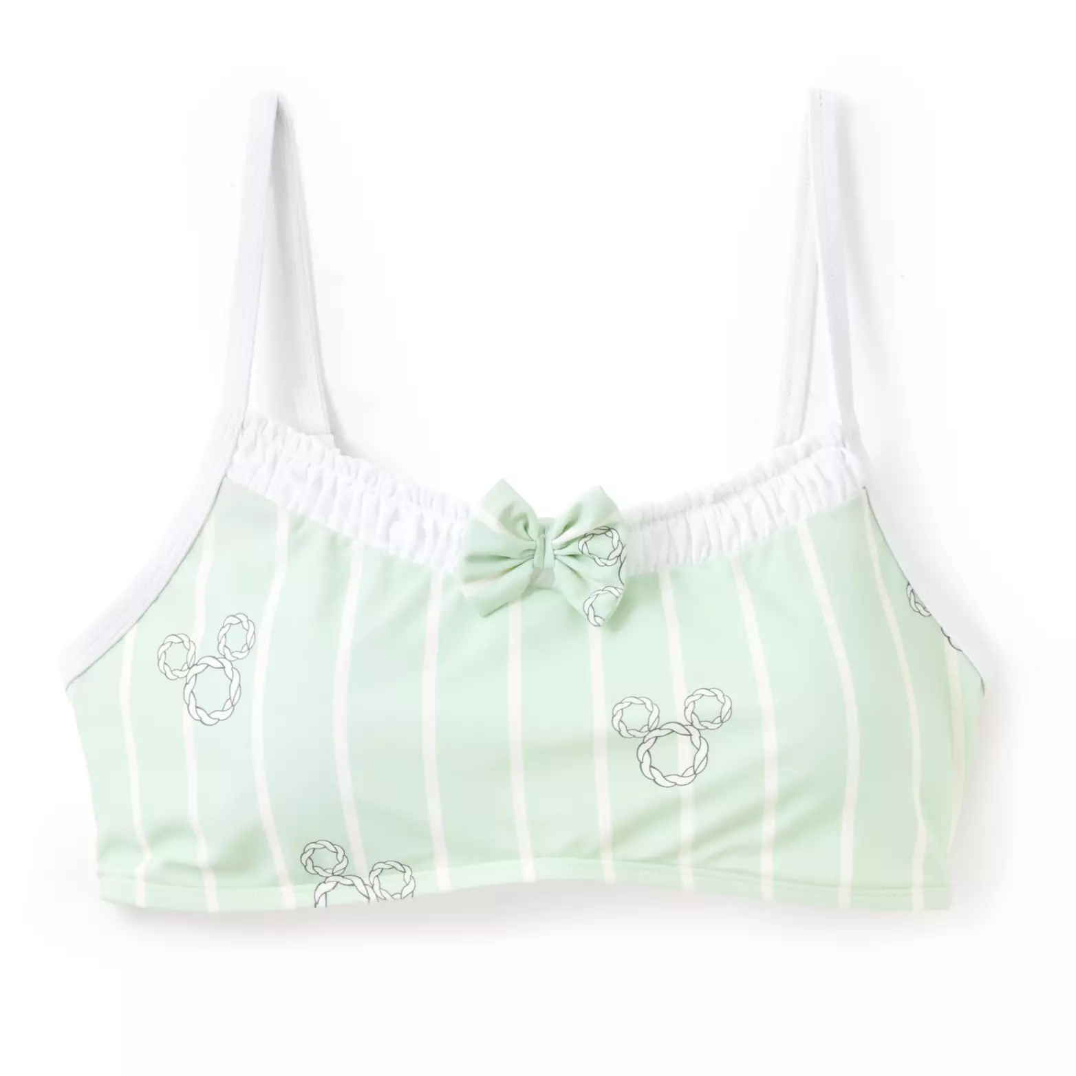 In a light mint green, this swimsuit top has white piping and vertical line details. A small, mint bow is at the top center of the top, and Mickey icons made from a white rope pattern are seen throughout.