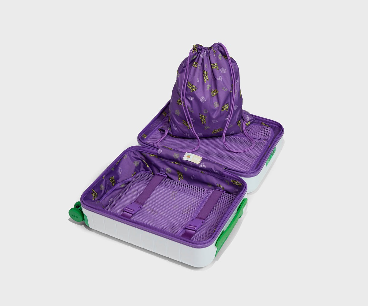 Buzz Lightyear fans can get this Kids Carry-On inspired by his spacesuit. It's mostly white with green wheels and a green handle, and printed buttons across the front. There's also a sparkly star sticker — a reference to Toy Story 5.