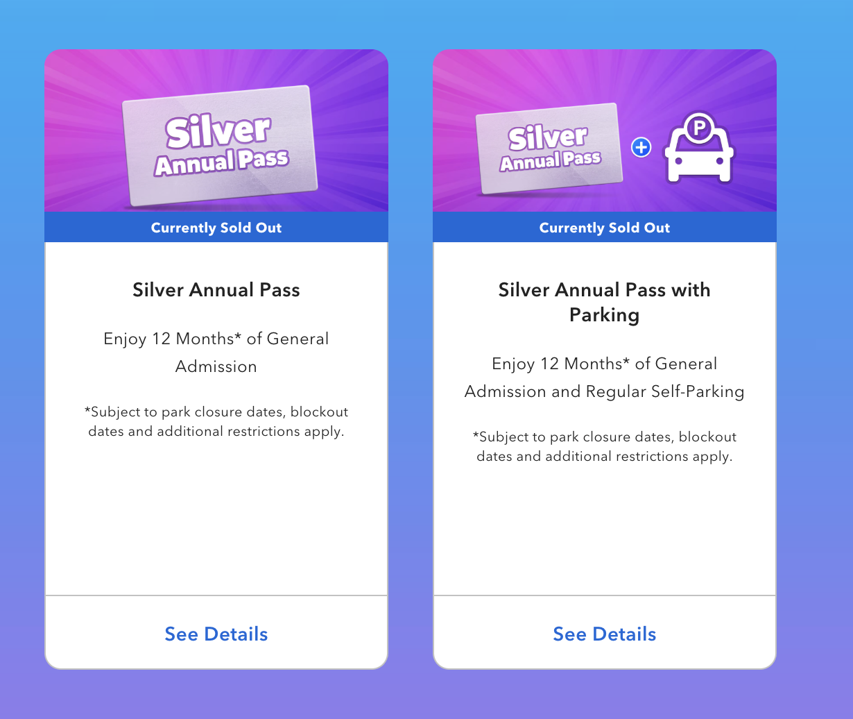 As you can see above, both types of the Silver Annual Pass (with or without parking) are currently sold out online. Before selling out, they were $129.99 for the pass alone and $164.99 for the pass with parking.