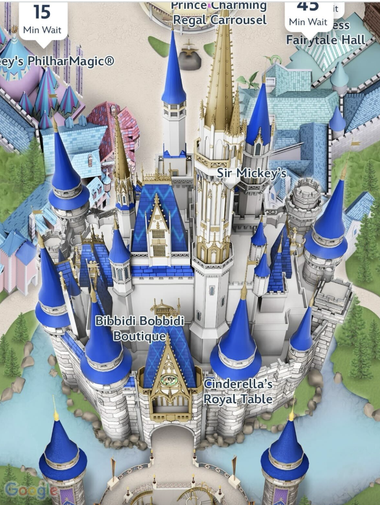 As you can see above, the castle has returned to its grey and blue aesthetic. The details around the castle are a more muted gold than the previous version for the 50th anniversary of Walt Disney World.