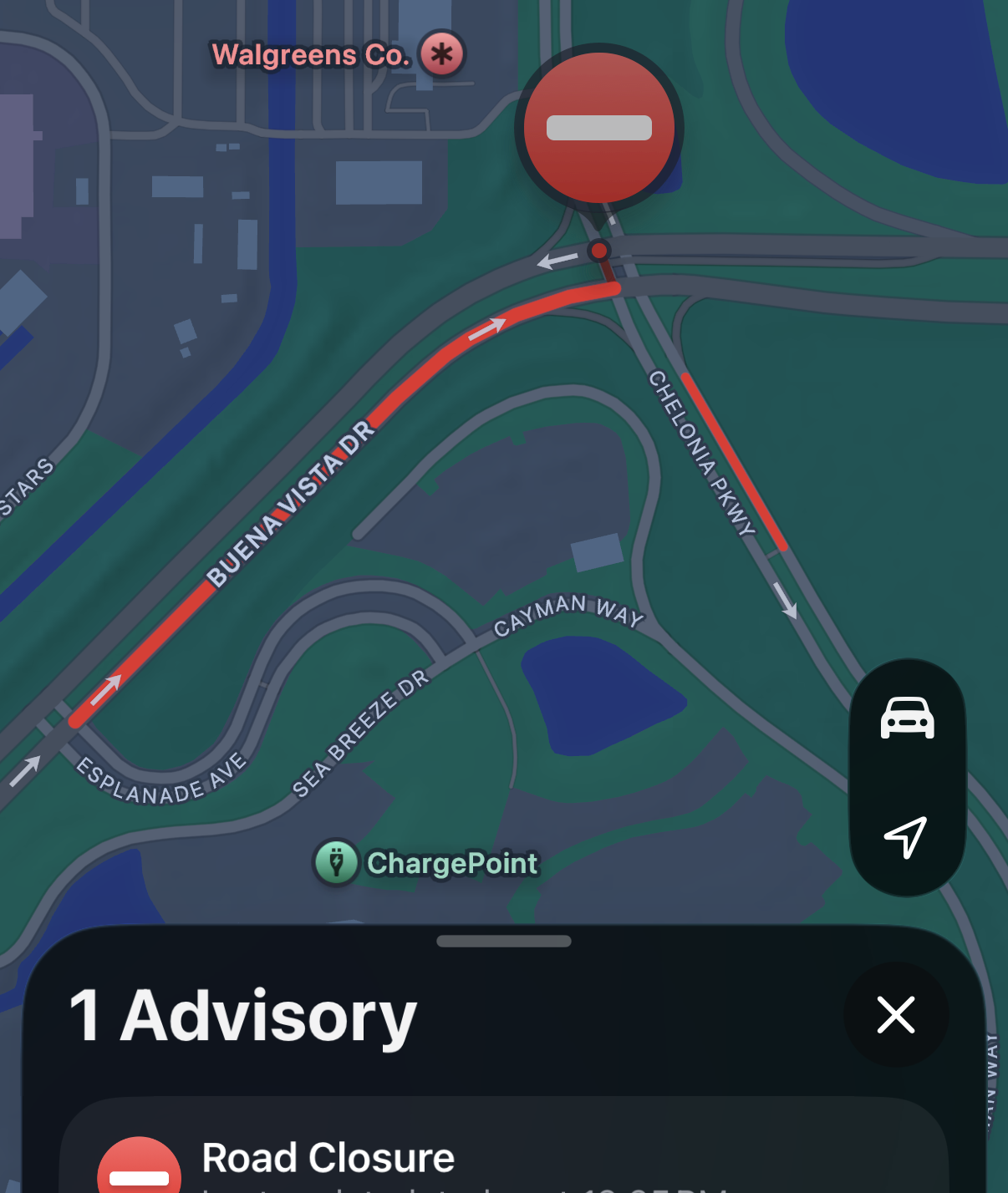 As of approximately 1:30 p.m., Apple Maps indicated traffic issues in this area. There is currently a road closure at Backstage Lane.
