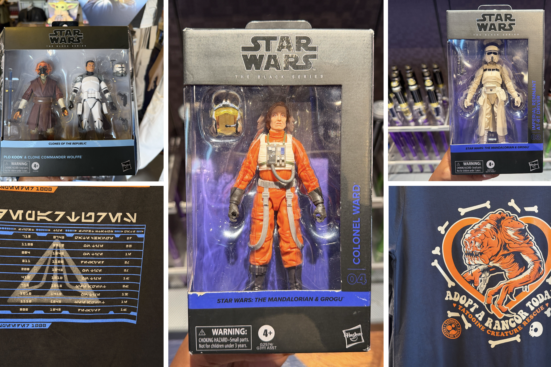 A new wave of Star Wars merchandise has arrived at Disneyland, including several graphic T-shirts, a keychain, and multiple Hasbro Black Series figures inspired by Star Wars: Attack of the Clones, The Mandalorian & Grogu, Star Tours, and more.