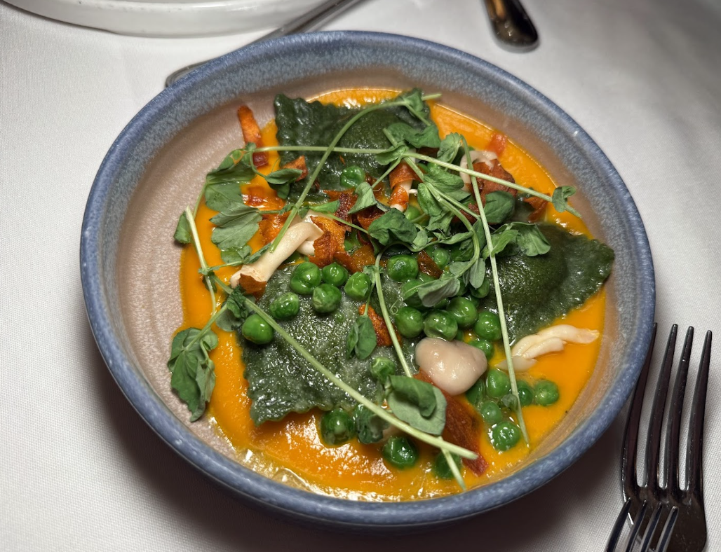 It's really good. It's sweet from the carrot, it's delicious. It has an imitation bacon flavor. It has the saltiness of bacon. The carrot puree makes it all very sweet, but it comes up nicely against the creaminess of the dish.