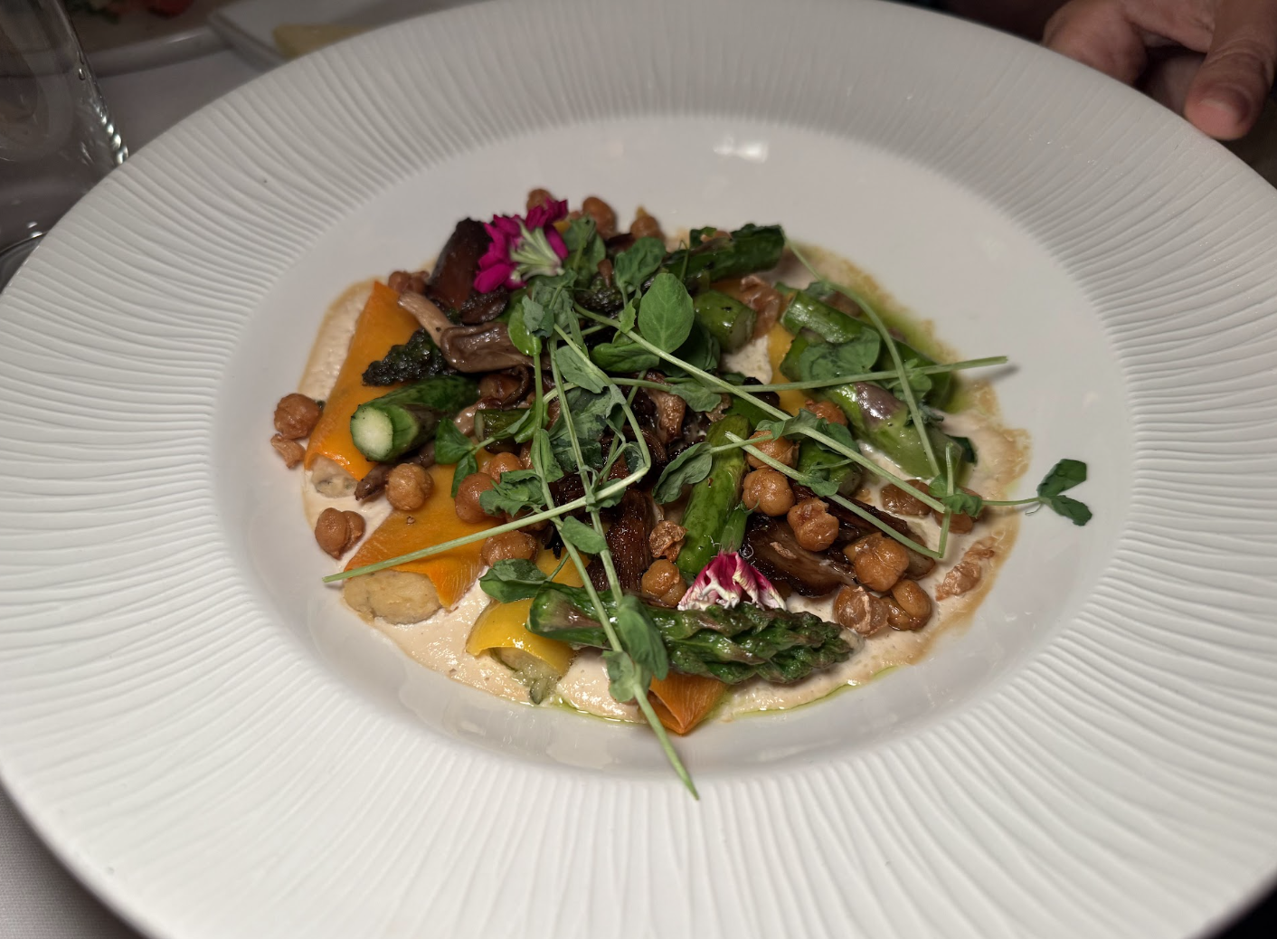 The cream sauce in this dish tastes like cashew cream, but very lemony. It doesn't strike us as a summer dish, despite the lightness of the cream sauce. It's pretty good with the graniness of the cashew flavor profile and the well-roasted vegetables.