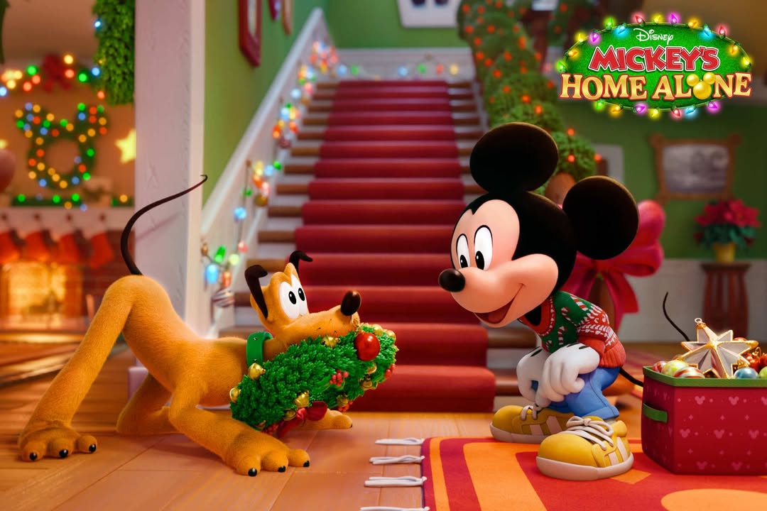 The announcement was shared on social media by Disney Jr. and Disney+, along with a first-look image showing Mickey and Pluto preparing for some holiday hijinks in a festively decorated home. The artwork features Mickey in a holiday sweater facing Pluto, who appears to be carrying a Christmas wreath, with a grand staircase and Christmas decorations in the background.