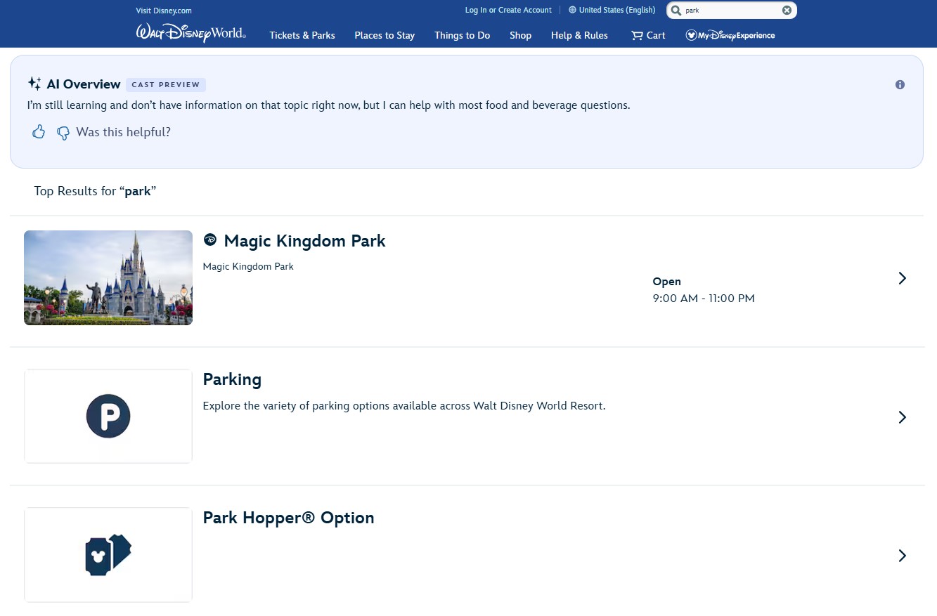 Walt Disney World Tests AI Overview Search