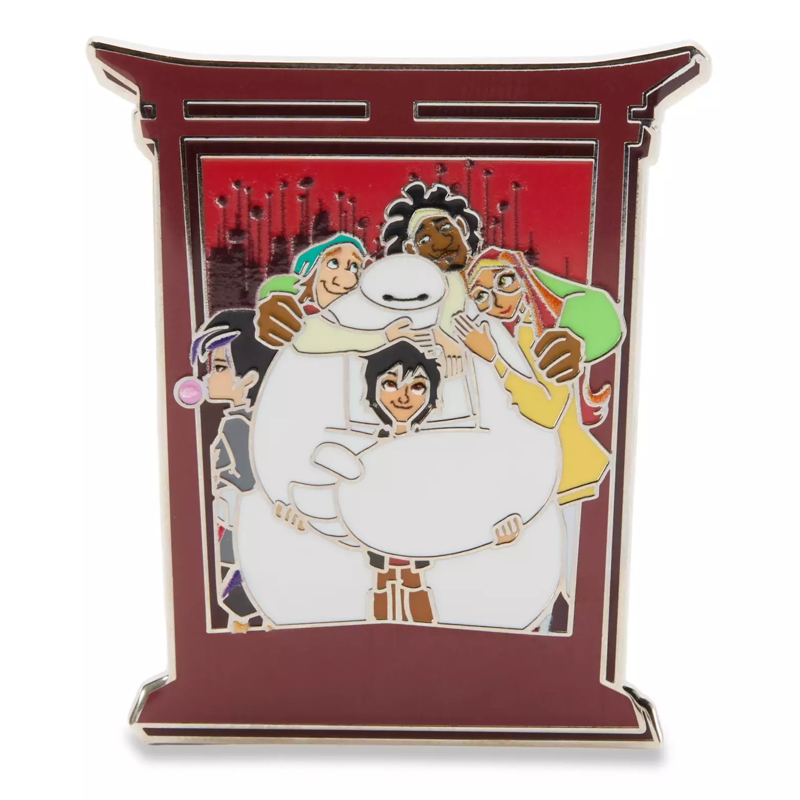 Baymax, Hiro, GoGo, Fred, Wasabi, and Honey Lemon are pictured embracing in a Torii gate-inspired frame with San Fransokyo in the background.