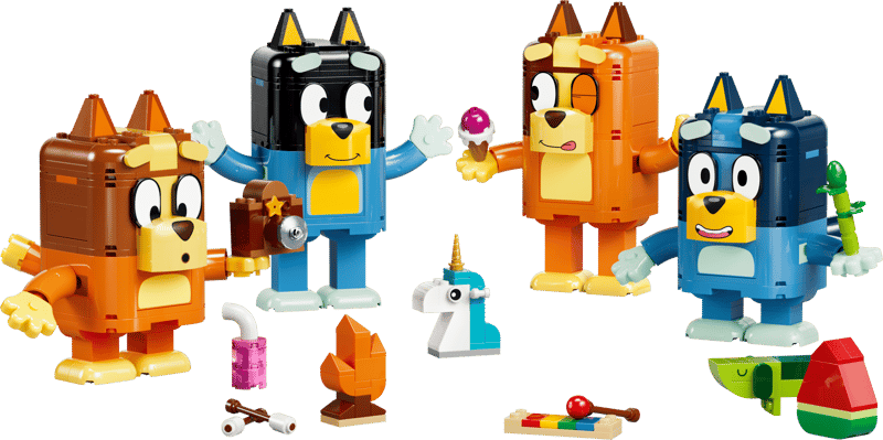Despite its simple appearance, this set includes 466 pieces and is recommended for builders ages 5 and up. The highly posable figures of Bluey, Bingo, Bandit, and Chili are able to change their facial expressions with swappable eyes and snouts. In addition to the figures themselves, the set also comes with accessories like Unicorse, ice cream, a bonfire, and a camera.