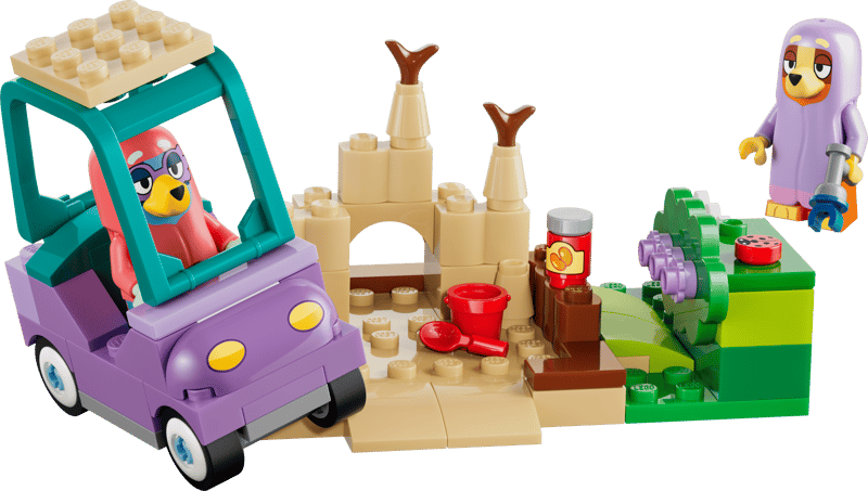 Nice parking spot, Rita! Janet and Rita are back in minifig form with this new Bluey playset. Some of the accessories, besides Rita's car, include a sandbox, a fence, flowers, and, of course, a can of beans. The set contains 80 pieces and is rated for builders over 3 years old.