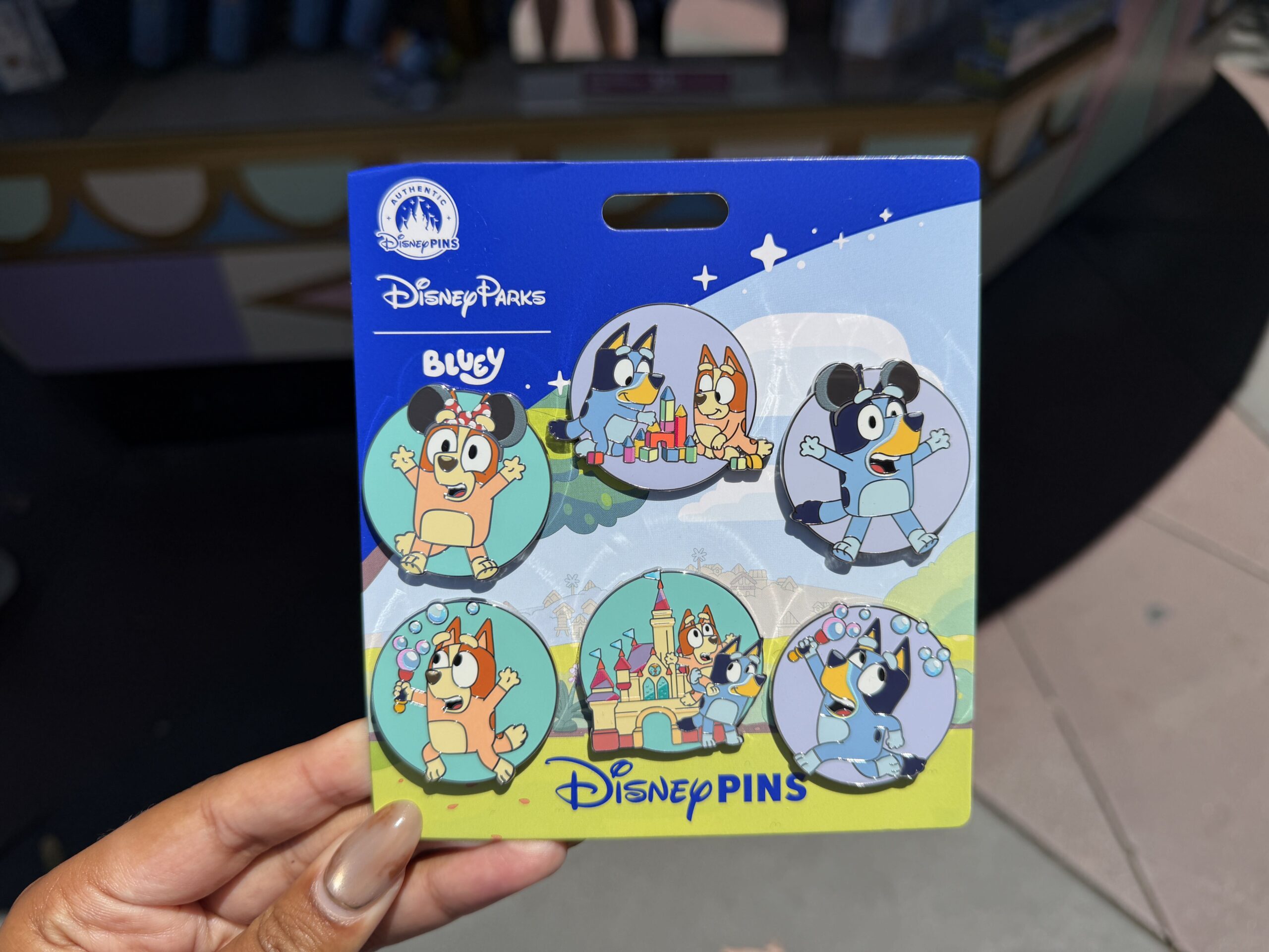 There are six pins featuring Bluey and Bingo, or both, in this set. These pins include: Bingo in Minnie ears, Bluey in Mickey ears, Bingo with a Mickey bubble wand, Bluey with a Mickey bubble wand, the two sisters playing with blocks, and the sisters in front of a Fantasyland Castle.