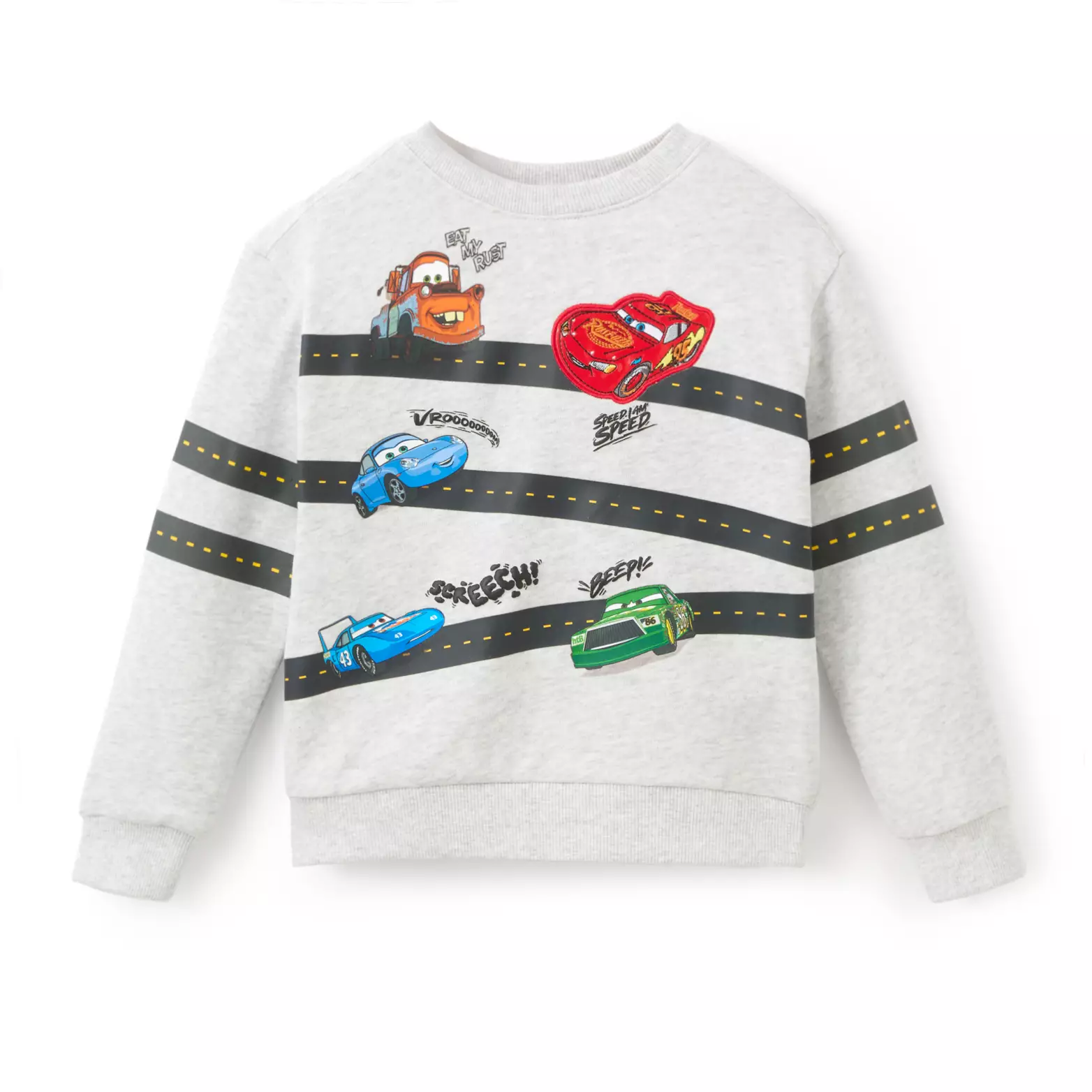 Das melierte Sweatshirt weist Wellenlinien auf der Brust und an den Ärmeln auf. Auf dem Bild sind verschiedene Cars-Charaktere beim Fahren abgebildet: Mater, Lightning, Sally, Strip Weathers und Chick Hicks. Bei jedem von ihnen handelt es sich um eine Phrase oder einen Soundeffekt.