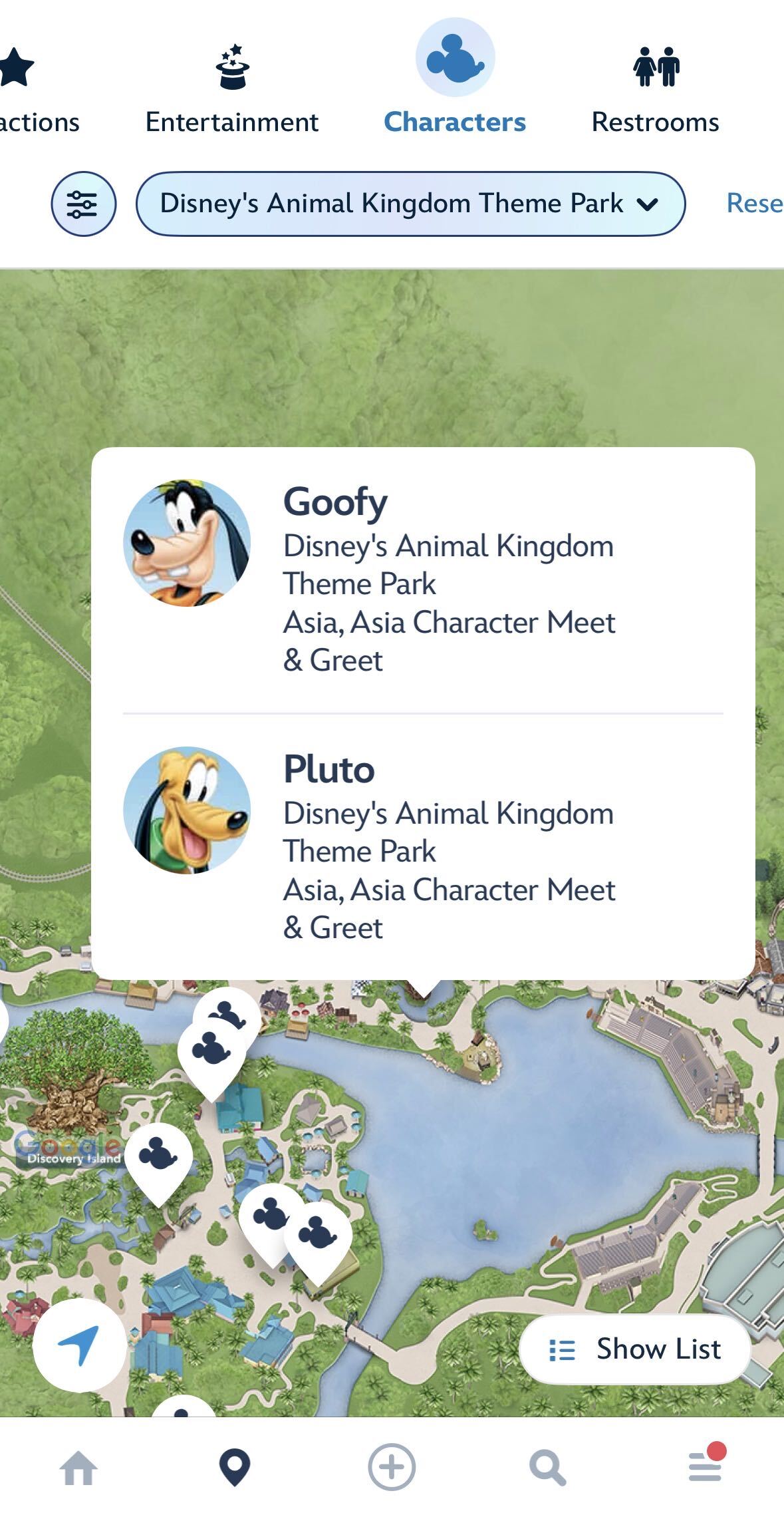 When they're out and about, you can find Pluto and Goofy in the back of the Asia section of the park. Follow the path to the right of Drinkwallah and the Royal Anandapur Tea Company, and you should spot them posted along the pathway.