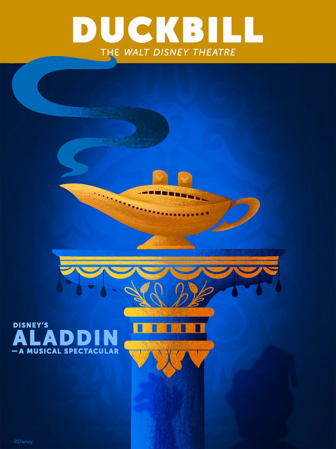 In the image for Aladdin, we can see the ship as Genie's lamp sitting on a blue and gold pedestal. The shadow in the bottom half of the Duckbill shows Aladdin reaching for the "lamp."