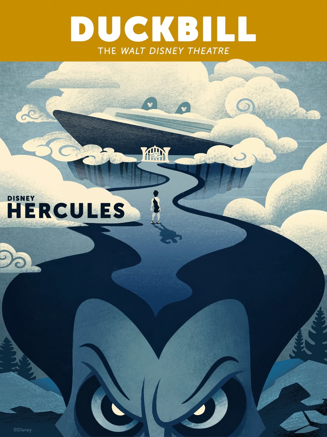 All of the Duckbills shared by Disney Cruise Line have a "hidden" cruise line ship in the image. In the Hercules image above, we can see that it is at the top of the hill Hercules is climbing. Half of Hades' face is shown at the bottom, looking menacing.