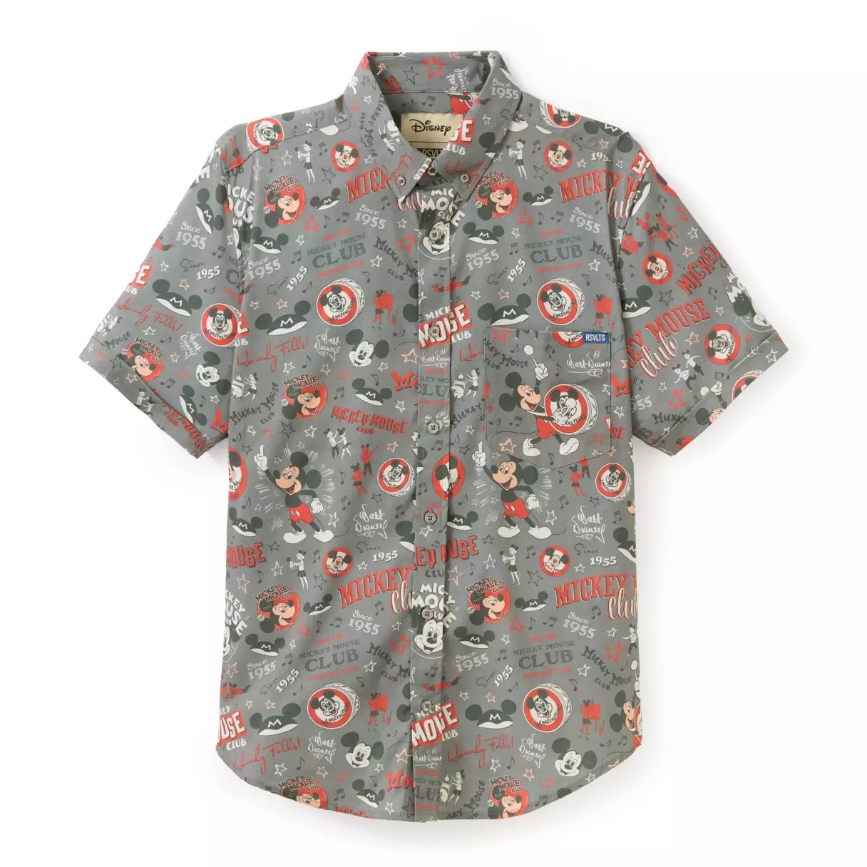 Inspired by Mickey Mouse Clubhouse, this gray shirt features an all-over red, white, and black print of the Mickey drum, Mickey's face, ear hats, and more iconography. Text includes "Since 1955," "Walt Disney," and "Mickey Mouse Club" in various fonts among music notes and stars.