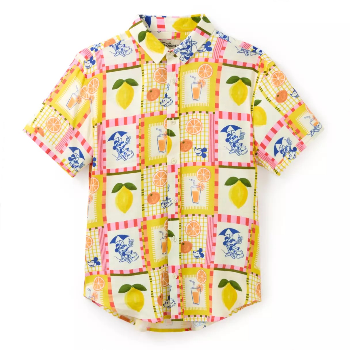 On this bright and sunny shirt is a quilted pattern of lemons, cups of orange juice, and images of Mickey relaxing on a deck chair. It's 50% bamboo and 50% cotton.
