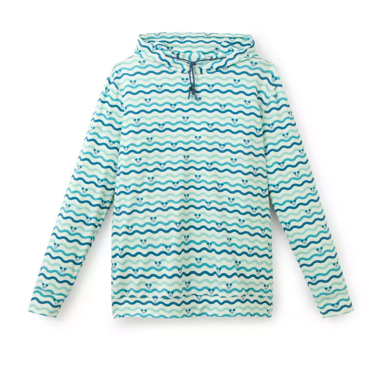 The pullover hoodie has a green and blue wave pattern with Mickey faces. It has an elastic waistband, cuffs, and a lined hood with a drawstring. It's also made of KUNUFLEX.