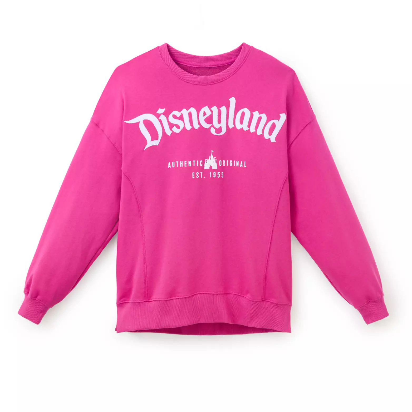 In bright berry pink, this pullover sweatshirt has "Disneyland" across the front in white. Beneath it is a Fantasyland Castle with the words "Authentic" and "Original" on either side. "Est. 1955" is at the bottom.