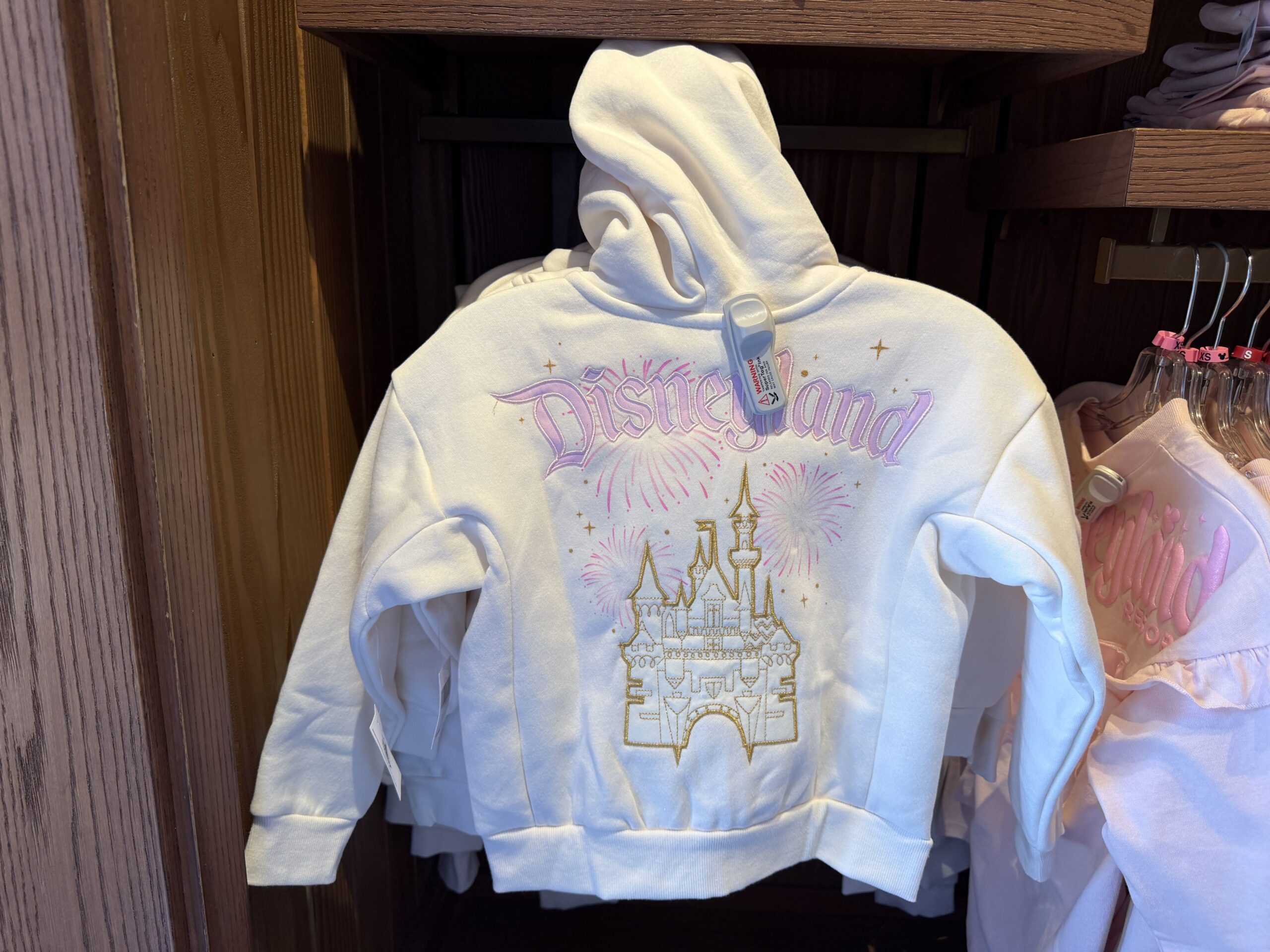This white zippered youth hoodie has a pink Disneyland "D" on the left front chest. on the back is "Disneyland" in the same shade of pink across the shoulders above a gold outline of Sleeping Beauty Castle.
