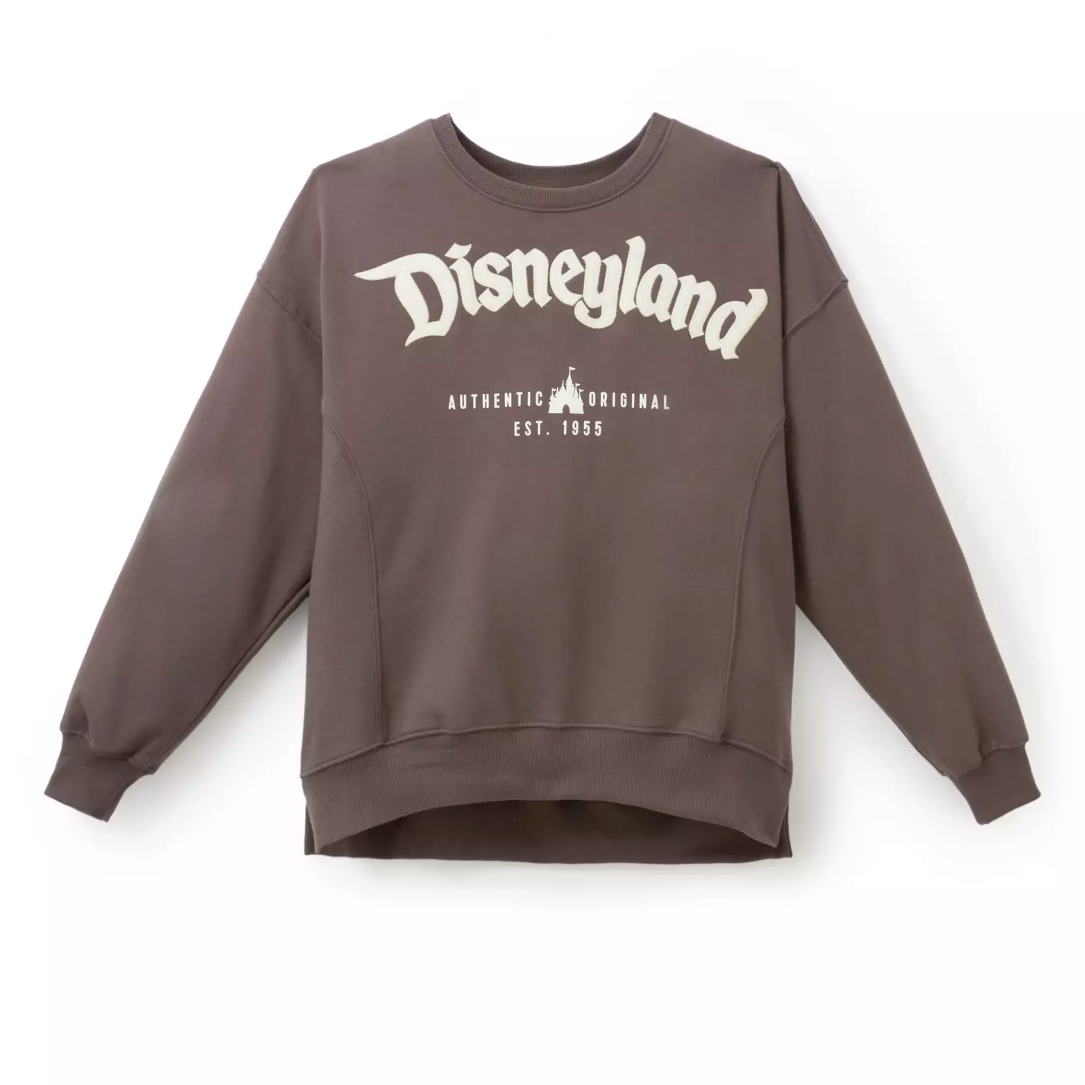In chocolate brown, this pullover sweatshirt has "Disneyland" across the front in white. Beneath it is a Fantasyland Castle with the words "Authentic" and "Original" on either side. "Est. 1955" is at the bottom.