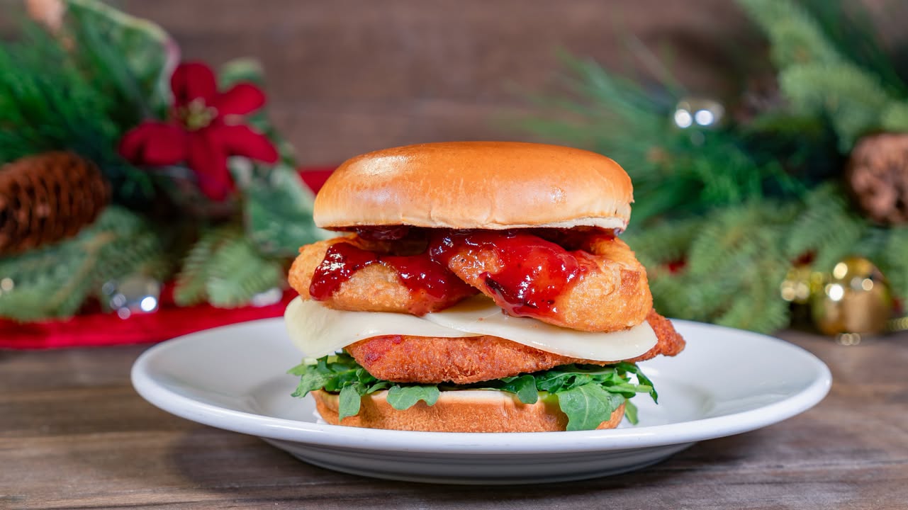 Cranberry Crispy Chicken Sandwich (at Galactic Grill): Fried chicken sandwich with cranberry-orange marmalade BBQ sauce, provolone, onion rings, and arugula served on a toasted bun