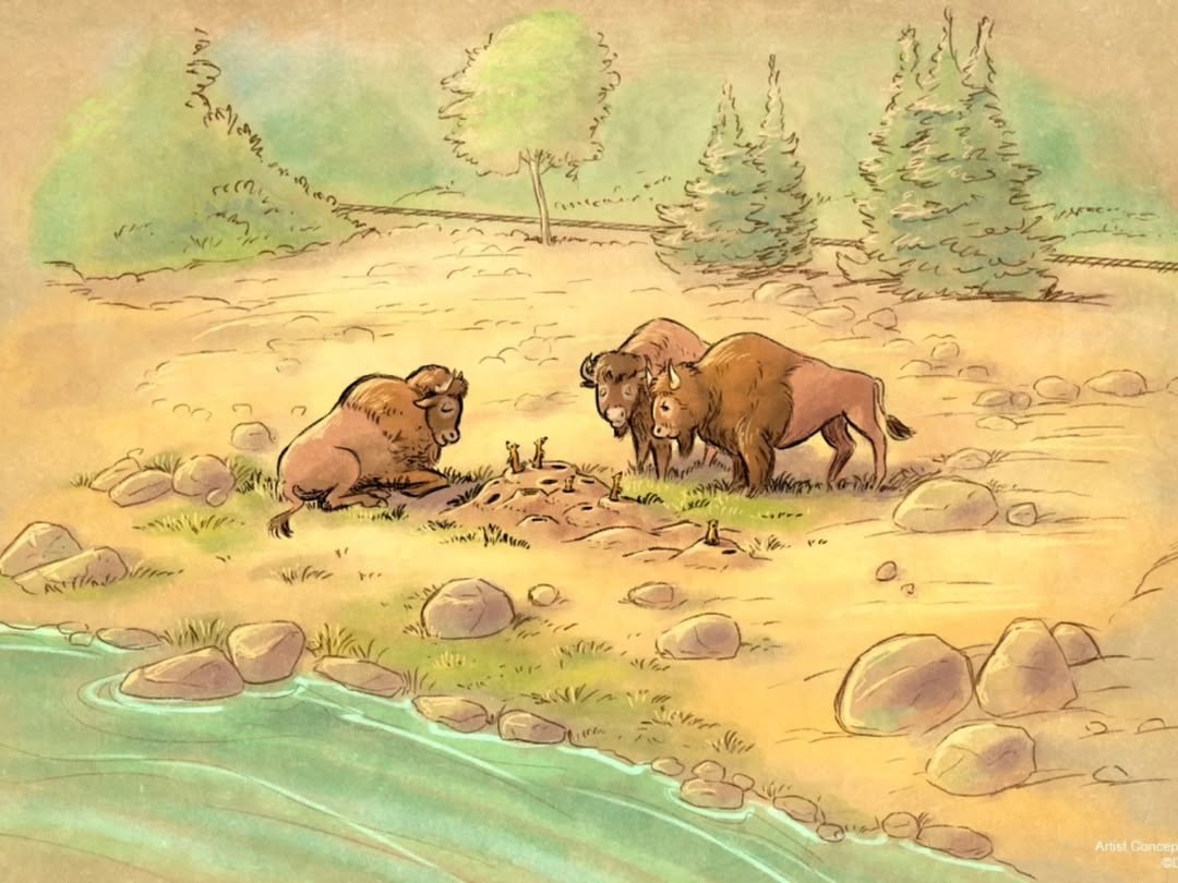 The new scenes are inspired by original sketches from Disney Legend Marc Davis. The additions include a buffalo on the prairie, raccoons, a skunk on a floating log, and other wildlife figures designed to enhance the storytelling and atmosphere of Frontierland.