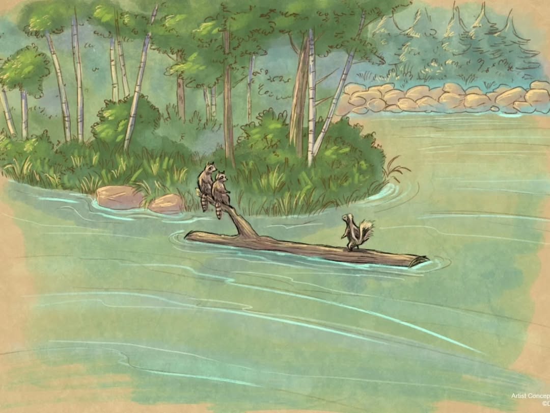 The new scenes are inspired by original sketches from Disney Legend Marc Davis. The additions include a buffalo on the prairie, raccoons, a skunk on a floating log, and other wildlife figures designed to enhance the storytelling and atmosphere of Frontierland.