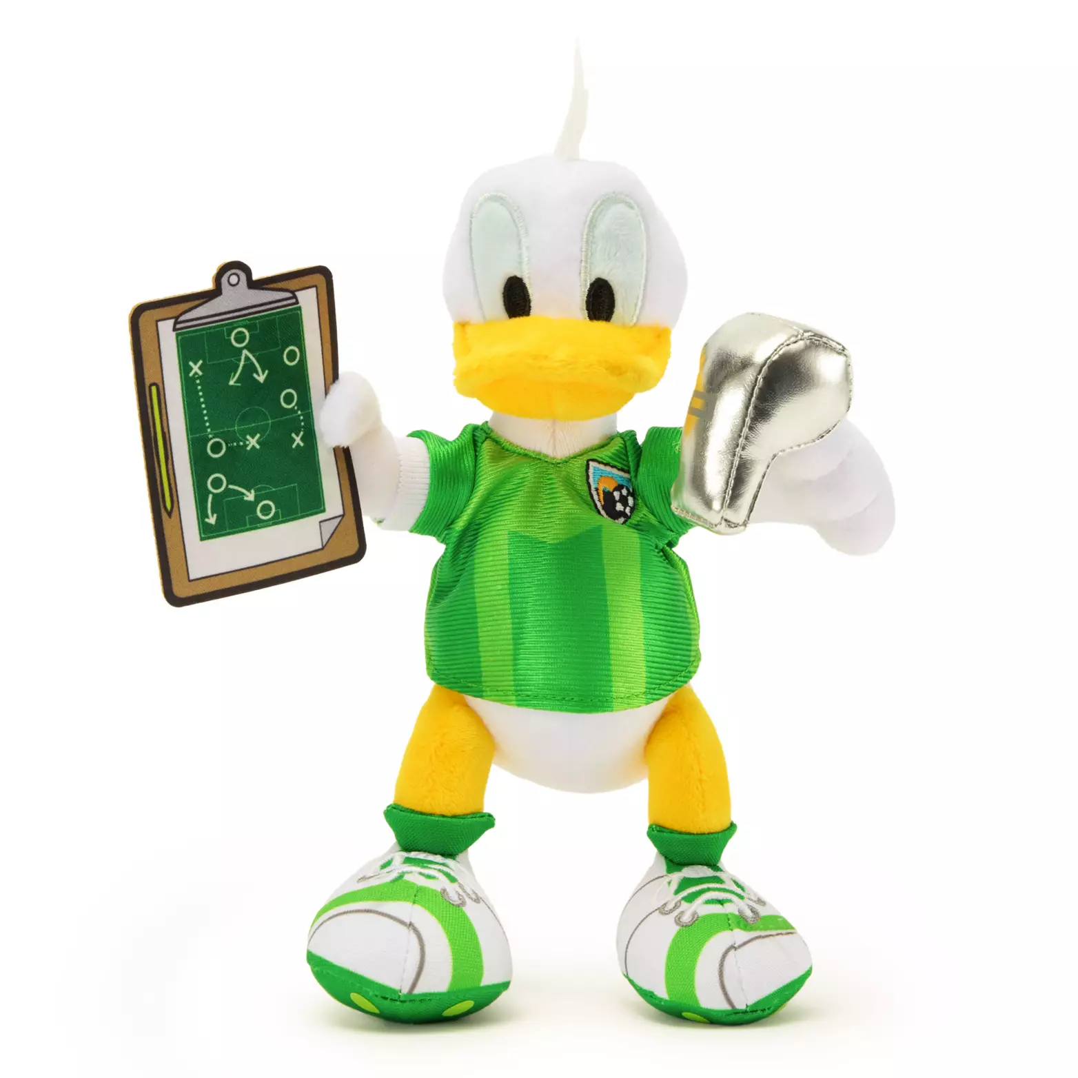 Donald's soccer coach ensemble is green down to his cleats, which are white with green details on them. He is holding a shiny, silver whistle in his left hand and a clipboard with the play details on it.