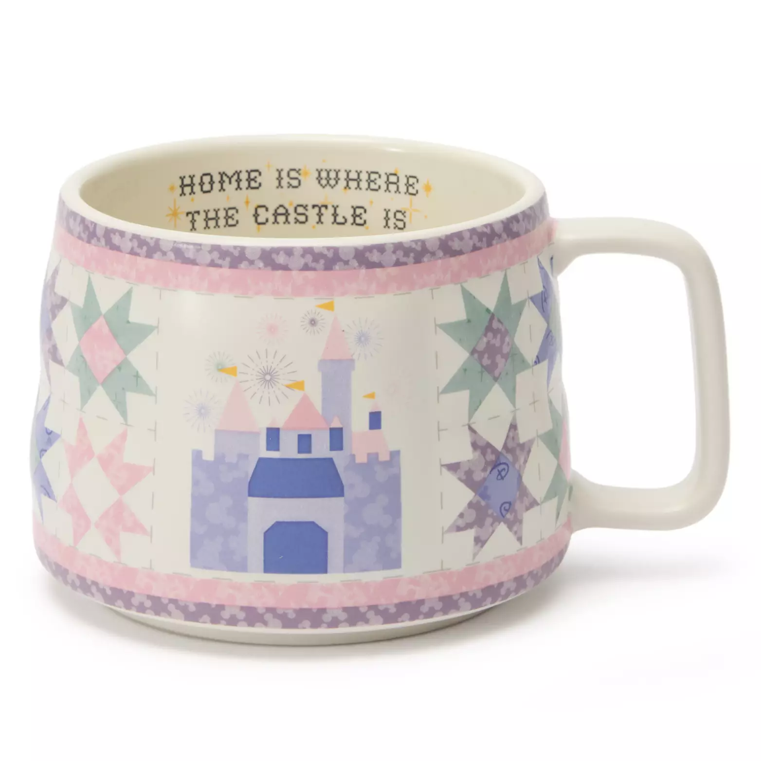 This ivory mug matches the quilt seen above. It says "Home is where the castle is" on the inside.