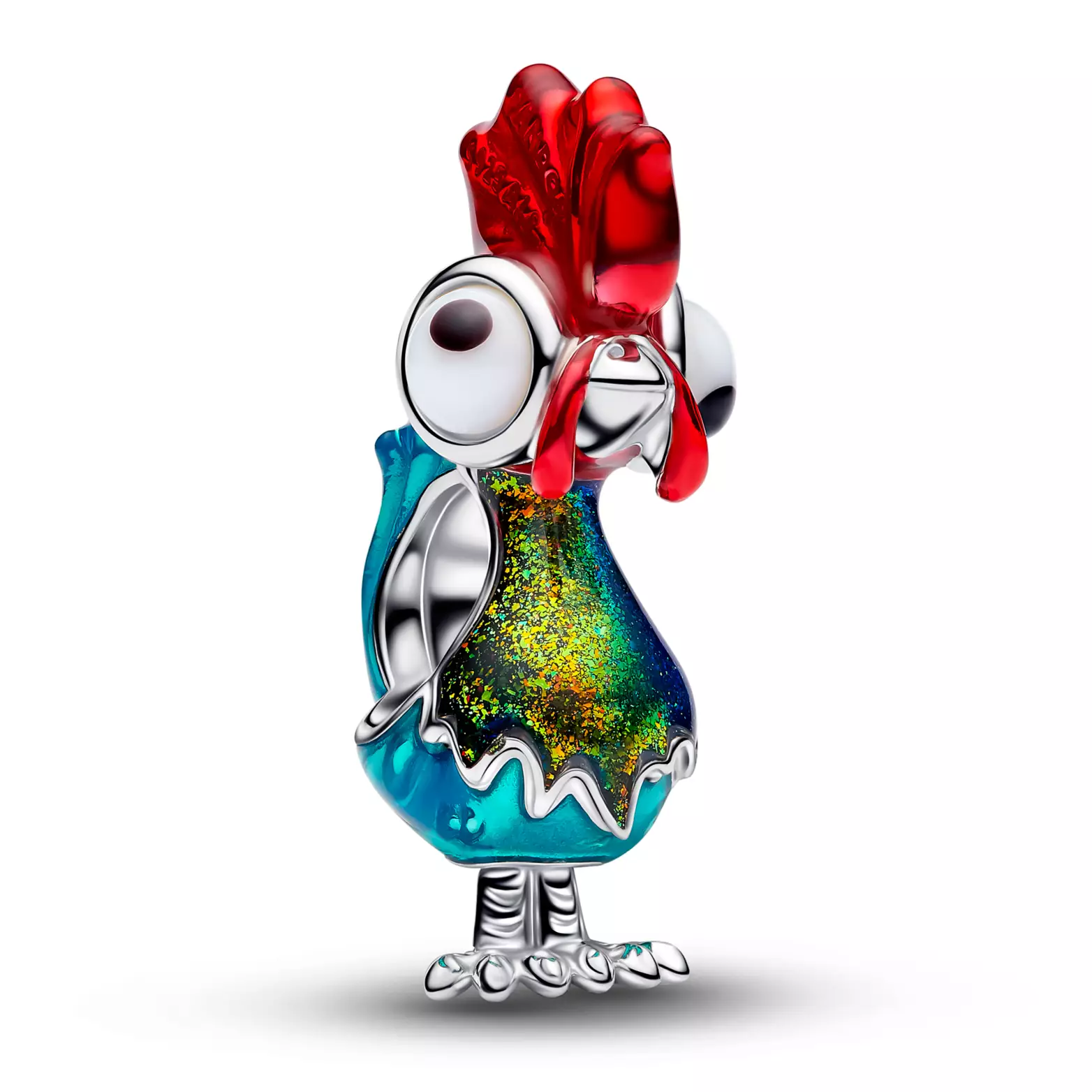 This Heihei charm is also silver-toned but with several pops of color. The rooster's waddle and comb are both red, while his body is a vibrant aqua. His neck is especially colorful in a dichroic design.