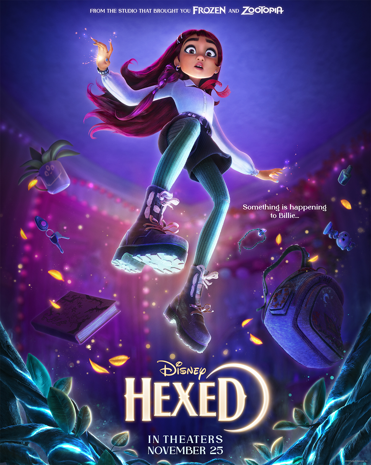 The poster shows the main character, Billie, floating among her belongings. She looks confounded, and magic appears to be coming out of her hands.