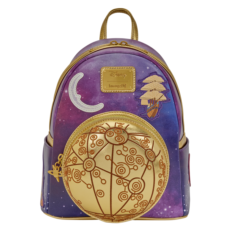This backpack is designed with a purple gradient galaxy background throughout on the front, sides, and back. On the front is a patch of Crescentia to the left and the RLS Legacy ship on the right. There is a front, exterior zippered pouch in the likeness of the gold Map Sphere.