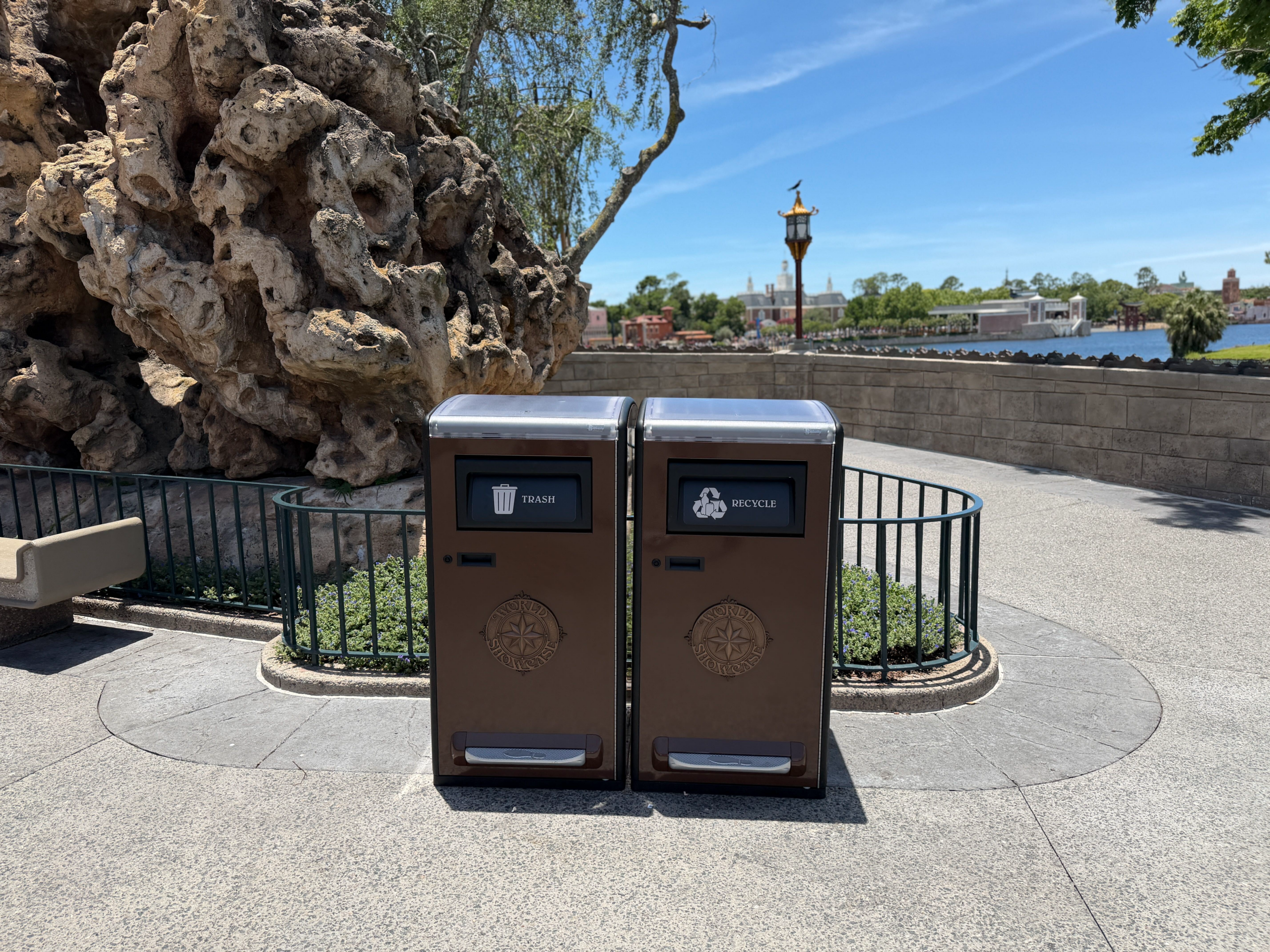 Just a few days ago, we saw these new bins at the World Showcase entrance, Port of Entry, Disney Traders, Joffrey's, the Odyssey Pavilion, and in the Mexico Pavilion. However, now they are making their way around the pavilions. While walking around World Showcase, we also saw them in the Norway and China Pavilions.