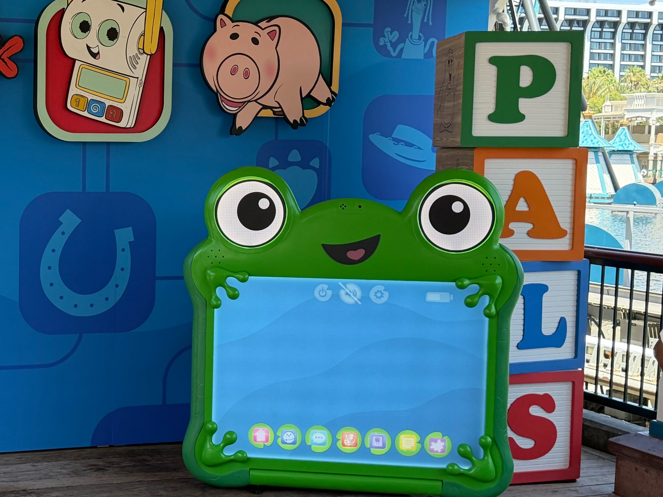 Lilypad, a digital tablet character, makes her appearance for the first time in Toy Story 5. The characters were doing meet-and-greets with guests at Pixar Pier in Disney California Adventure.