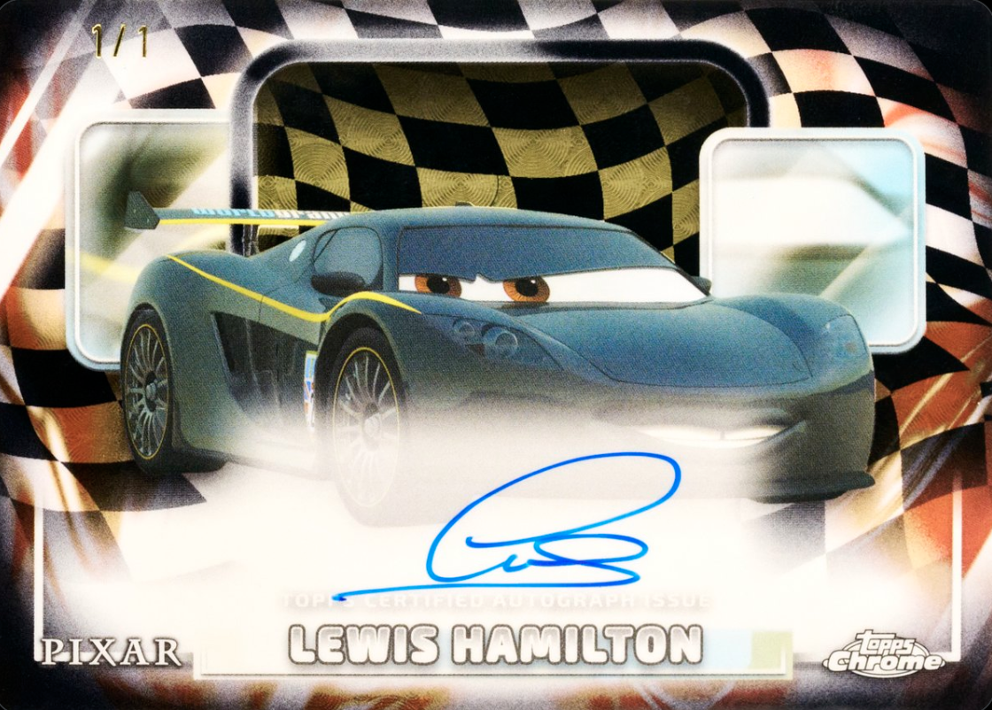 Lewis Hamilton has signed official trading cards featuring his Pixar Cars character for the first time ever, arriving in the upcoming 2026 Topps Chrome Disney collection.