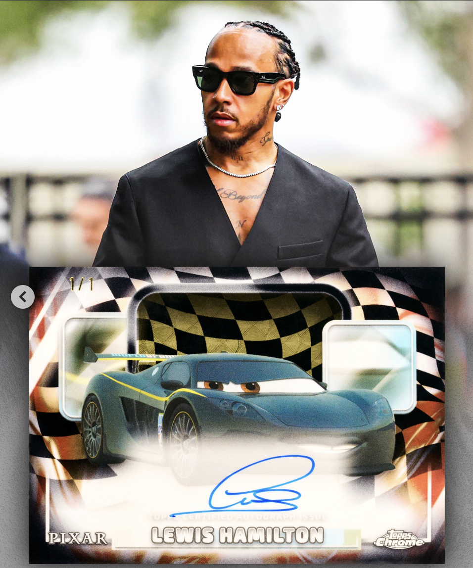 Lewis Hamilton has signed official trading cards featuring his Pixar Cars character for the first time ever, arriving in the upcoming 2026 Topps Chrome Disney collection.