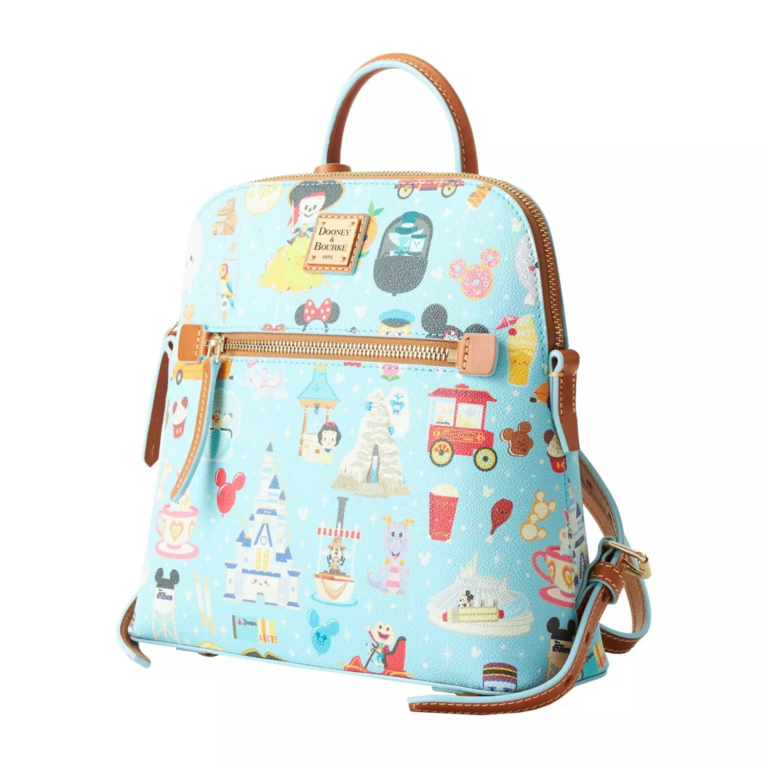 This Disney Visa cardmember-exclusive backpack is the same aesthetic design as the satchel above. However, it has an exterior zippered pocket on the front, just below the Dooney & Bourke nameplate, and two straps on the back.