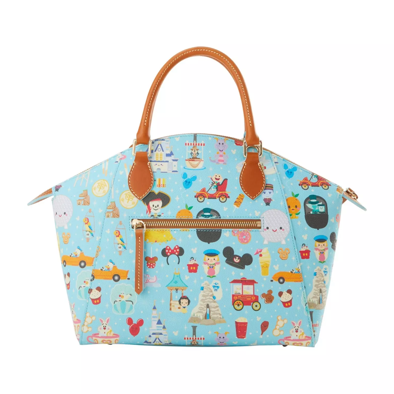 The tote bag features a wide zip-top opening, brown leather handles, matching brown leather trim, and gold-tone hardware. A brown leather hangtag is attached to one handle.