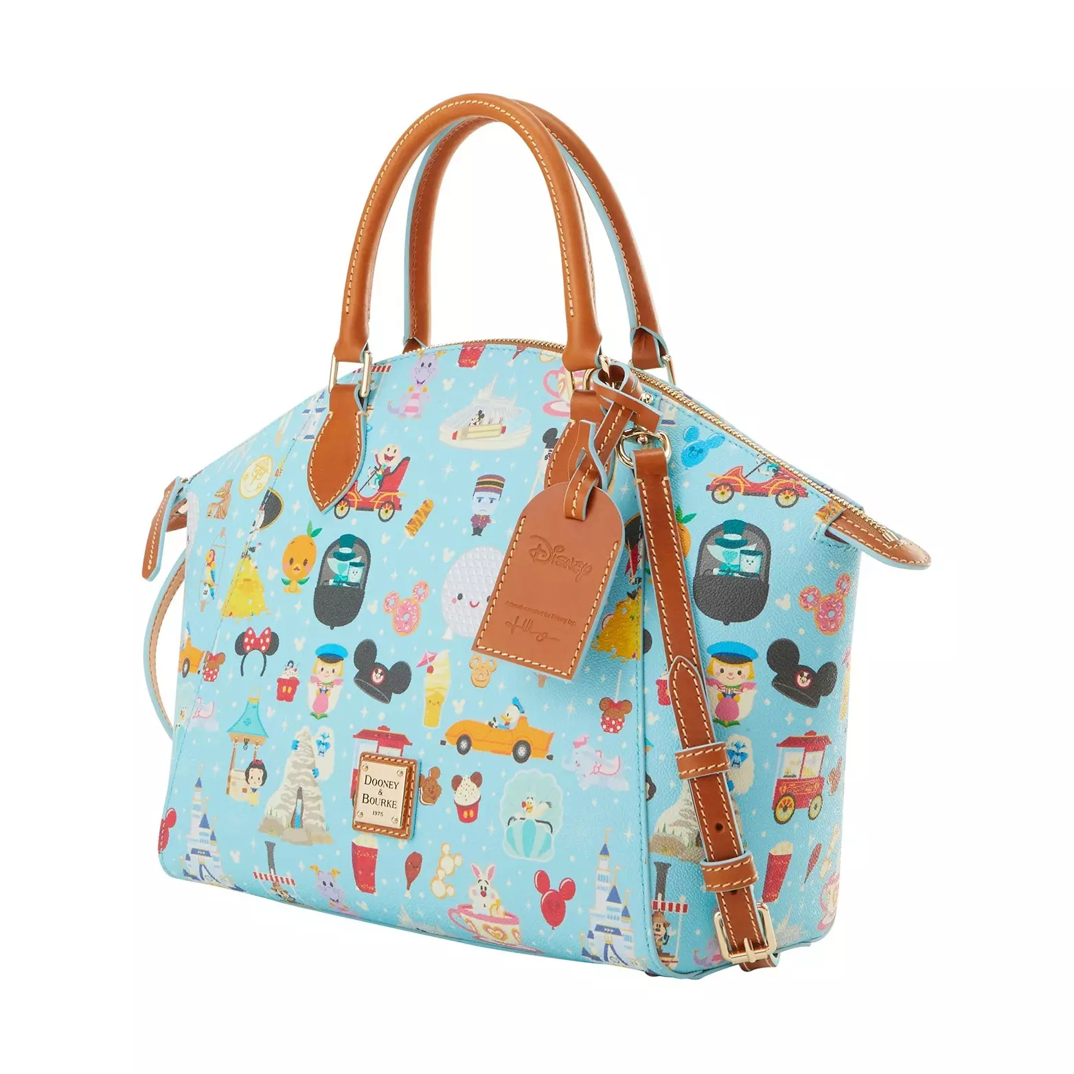 This Disney Dooney & Bourke tote bag features a light blue exterior covered in miniature Disney Parks-inspired artwork. The all-over pattern includes a mix of characters, attraction icons, snacks, vehicles, and resort landmarks, all rendered in a cute storybook-like design.