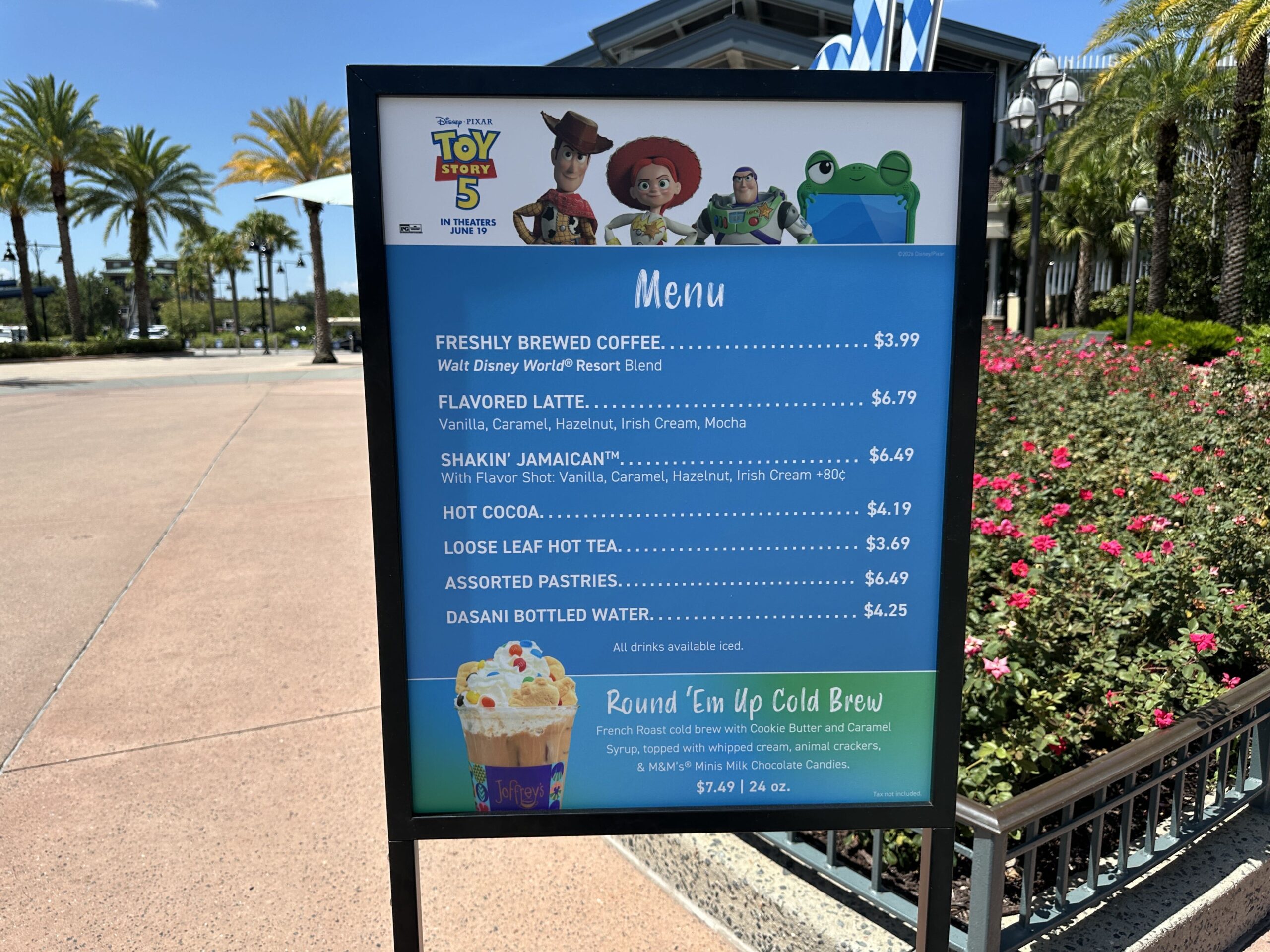The truck showcases Jessie and Woody in their Toy Story 5 outfits as well as Toy Story-themed Joffrey's coffee products. We spotted the truck, fittingly, over by the AMC Theatre on the West Side of Disney Springs.